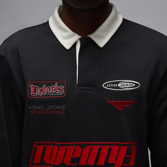 Air Jordan Essentials Long Sleeve Rugby Shirt Black Red BRED HF9323-010 M 1 2 3 - Picture 10 of 14